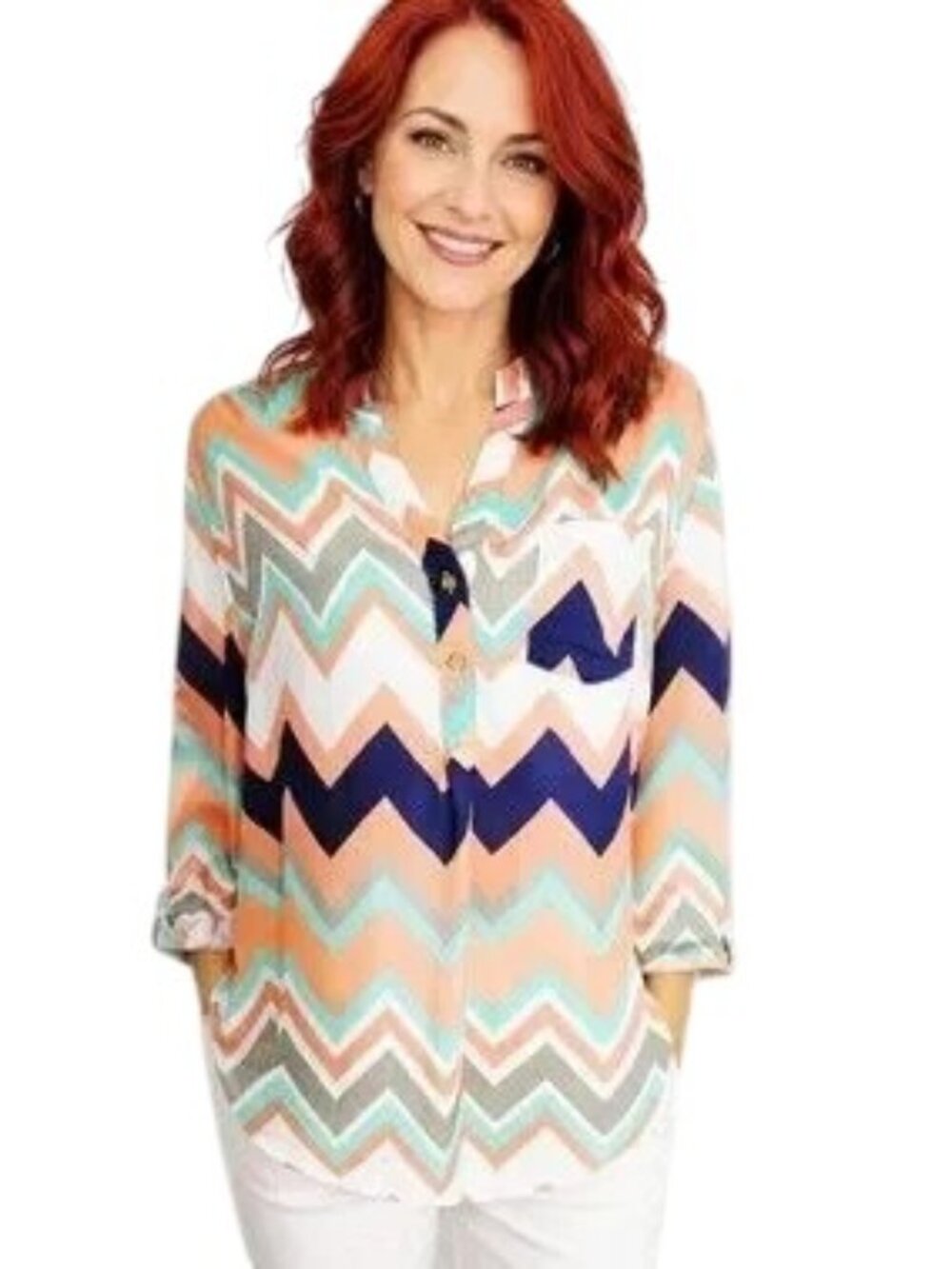Wishful Park Chevron Print Blouse in Peach/Teal/Navy, 3/4 Sleeves, Size XL